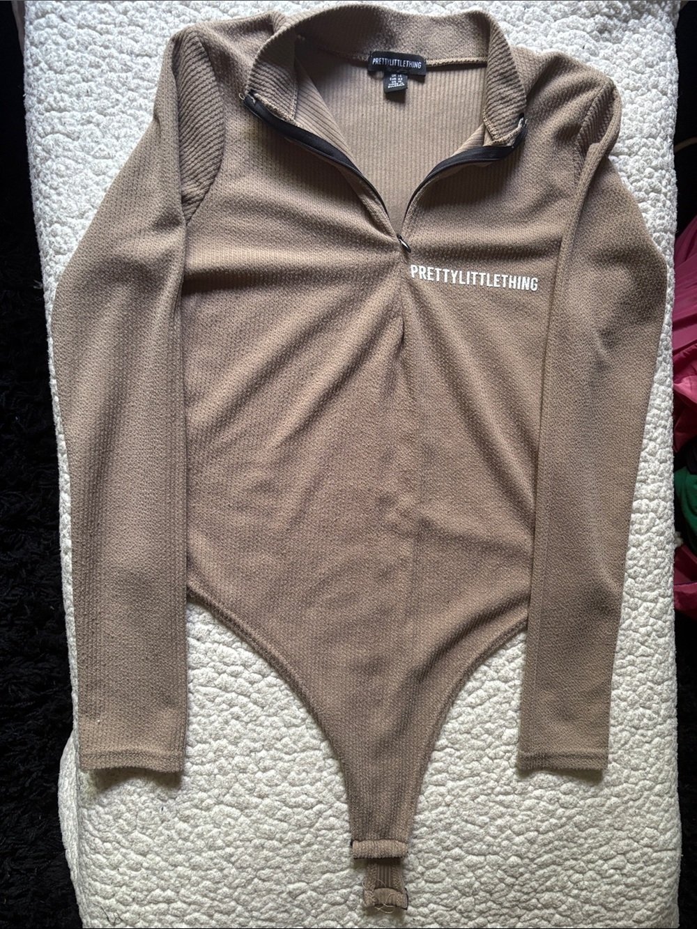 PrettyLittleThing Taupe Ribbed Zip-Up Long Sleeve Bodysuit & Bottom
